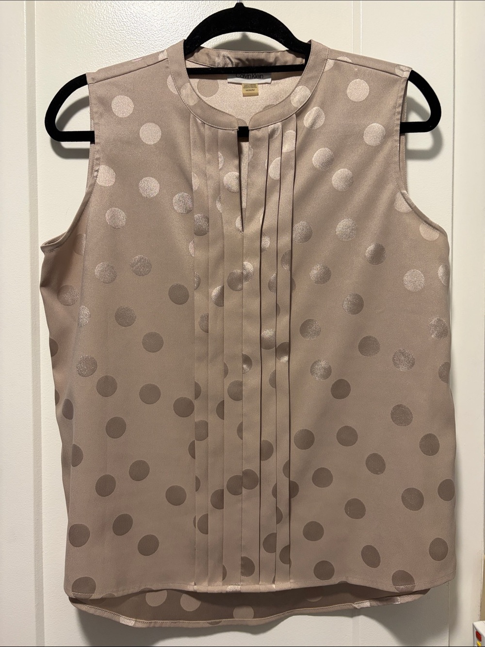 Calvin Klein Taupe Polka Dot Sleeveless Pleated Blouse